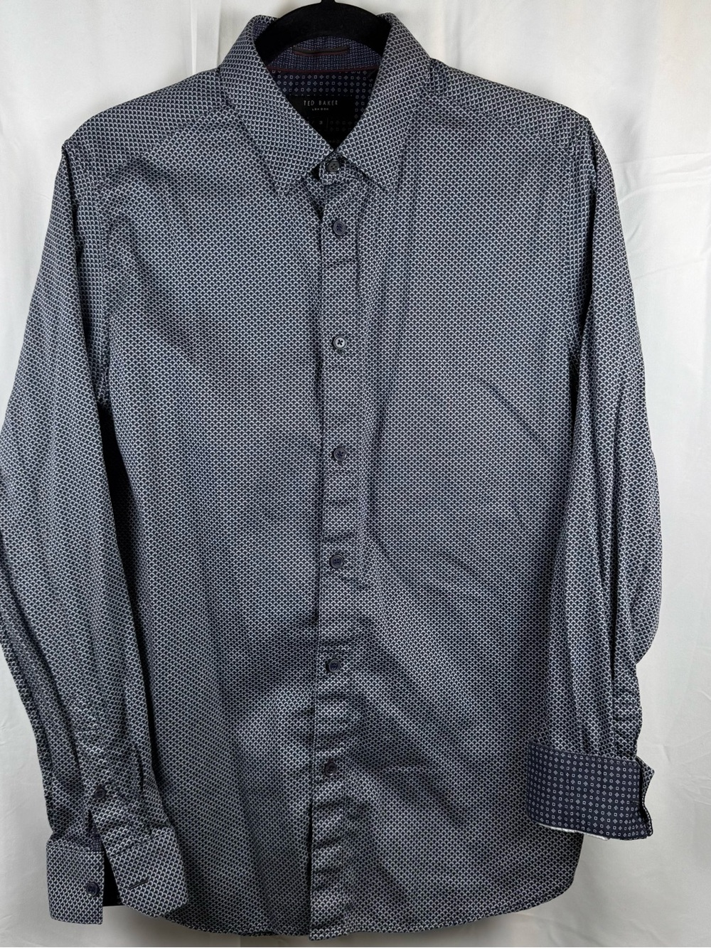 Ted Baker London Men’s Size 3 Navy Geometric Print Long Sleeve Button Down Shirt